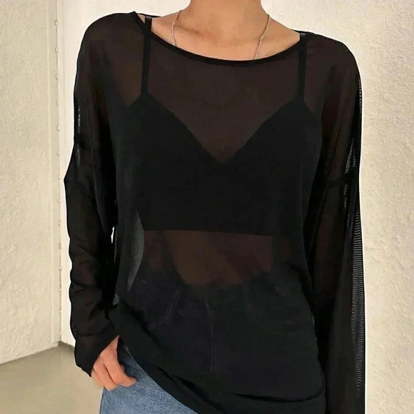 Black Boho Women's Solid Color Loose Fit Long Sleeve Round Neck Lightwei… - Picture 5 of 5